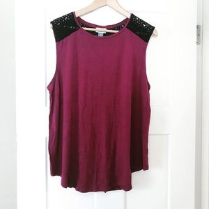 Burgundy and Black Lace Sleeveless Blouse